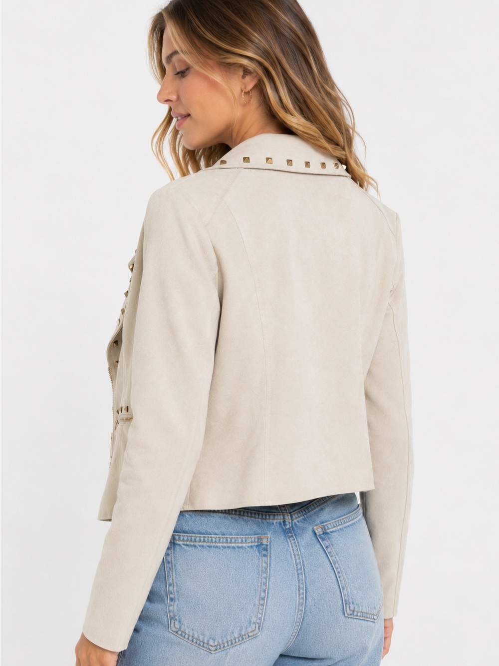 Asher Studded Faux Suede Moto Jacket Cream Ivory Size Large - Picture 2 of 7
